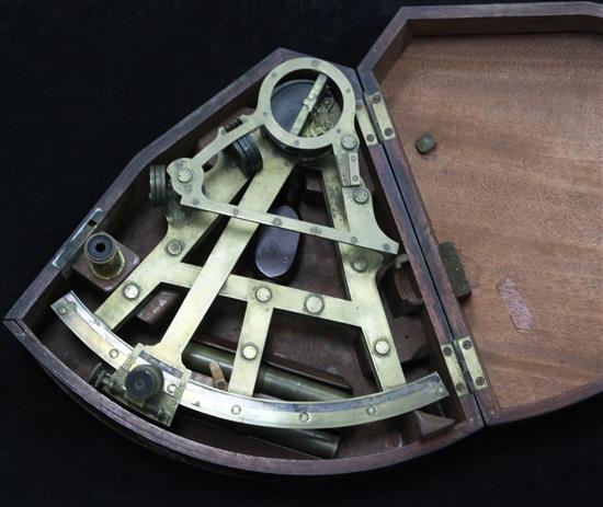 A mid 19th century brass sextant by Berge Late Ramsden of London, overall 12in.